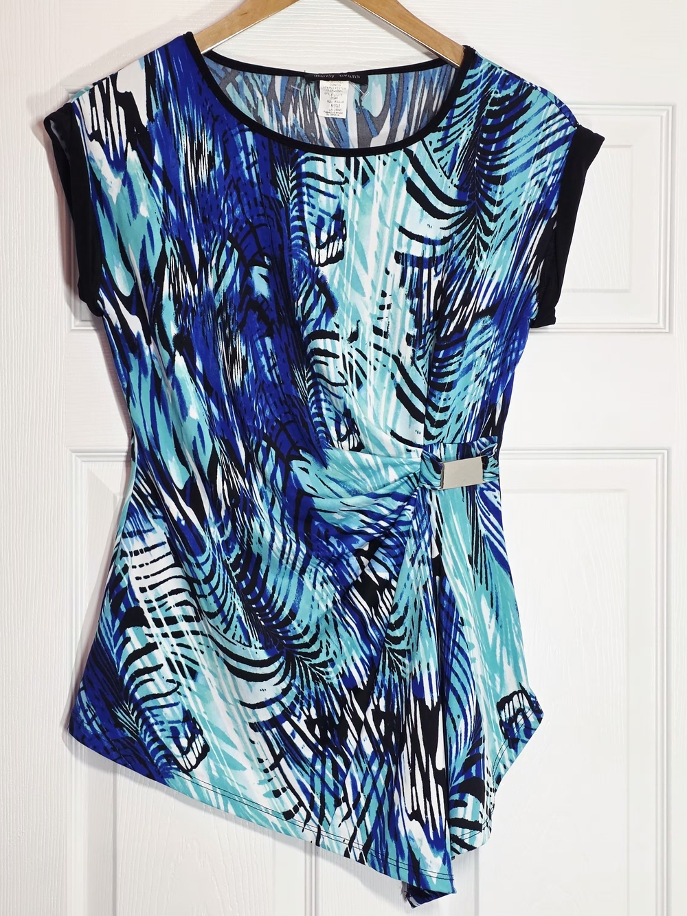 Mandy Evans Navy, Black & Green Print Top, Aysemetrical Hem with Belt, Sz Medium